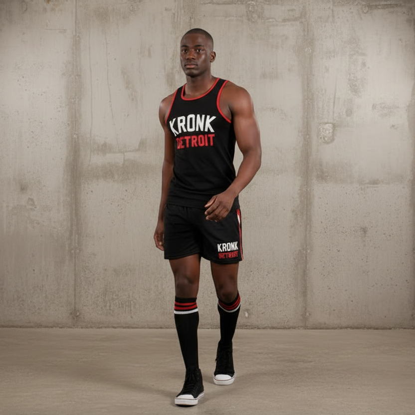KRONK Iconic Detroit Applique Training Gym Vest Black with red & white logo