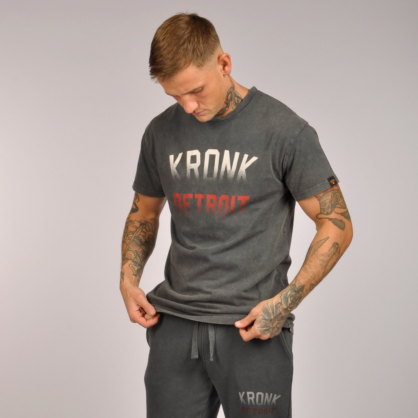 KRONK Faded Iconic Detroit Loose Fit Vintage Wash T Shirt Charcoal with Red & White print