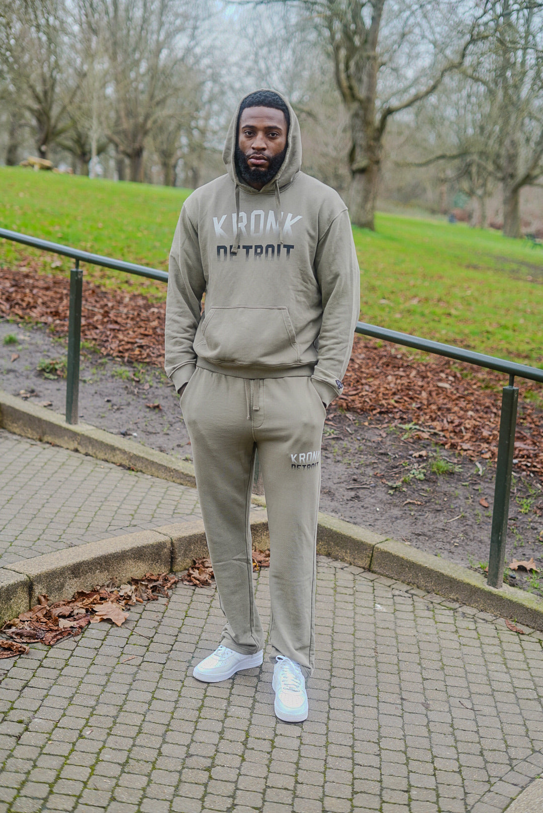 KRONK Faded Iconic Detroit Vintage Wash Hoodie Loose Fit Khaki