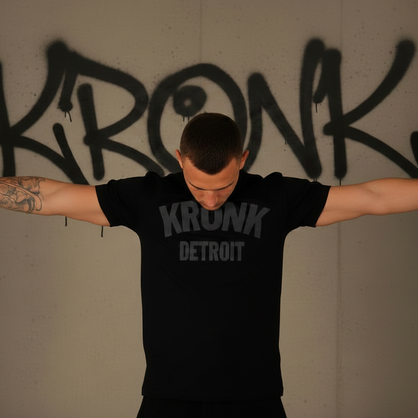 KRONK Detroit Regular Fit T Shirt Black with Charcoal logo