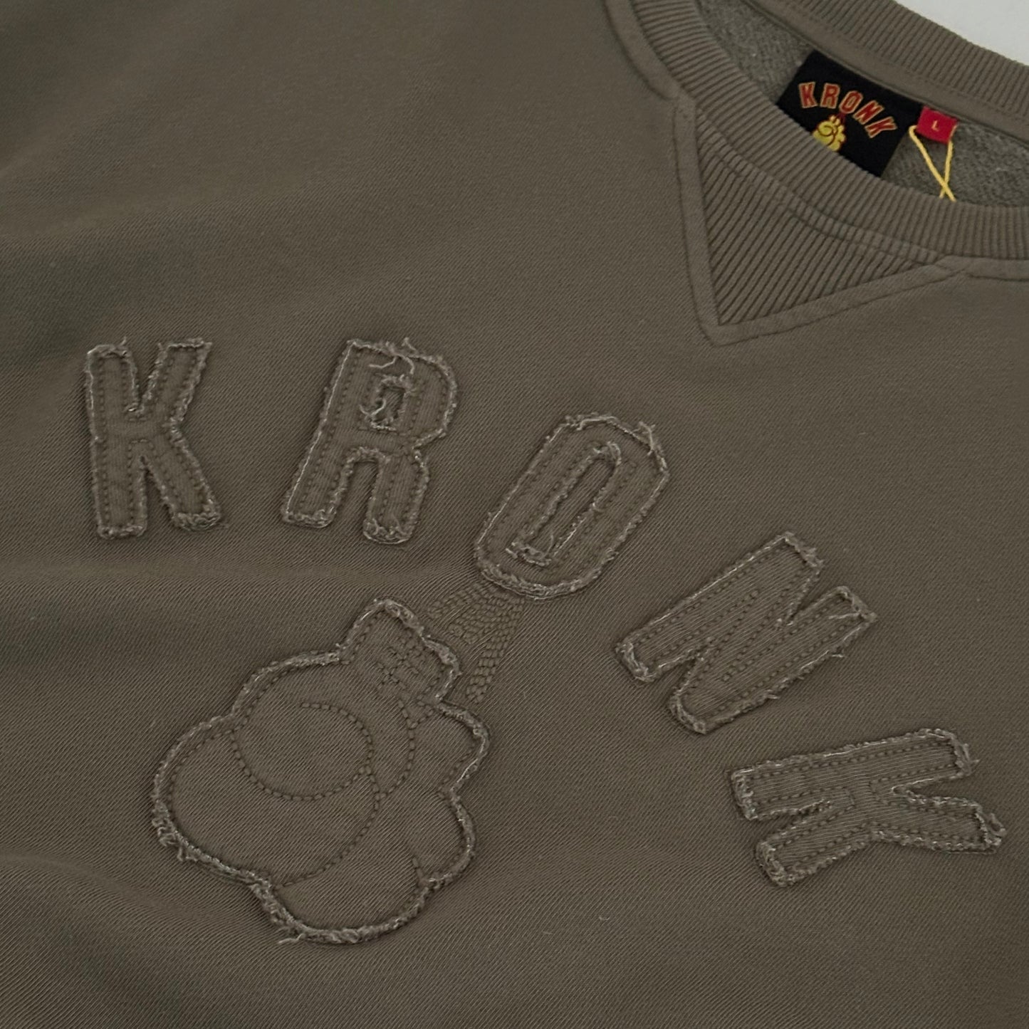 KRONK One Colour Gloves Raw Edge Applique Vintage Wash Sweatshirt Khaki