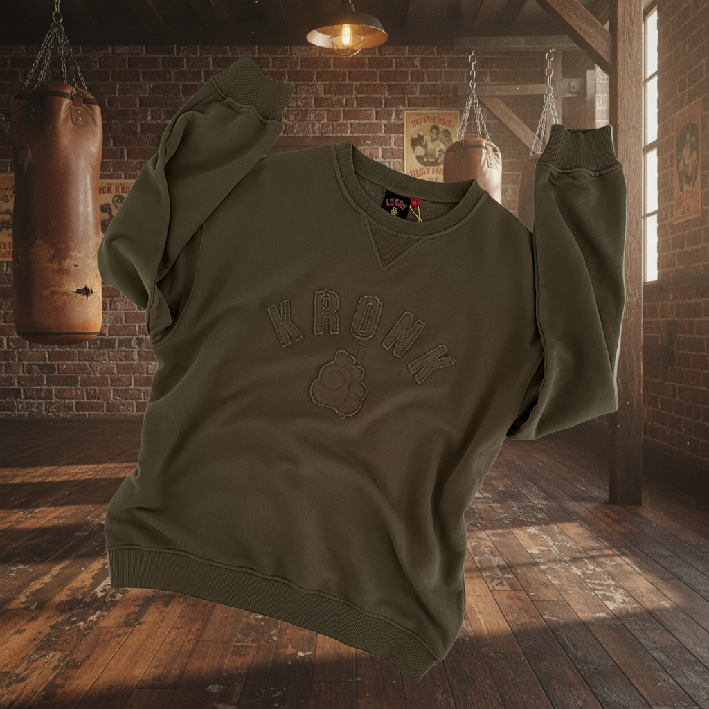 KRONK One Colour Gloves Raw Edge Applique Vintage Wash Sweatshirt Khaki