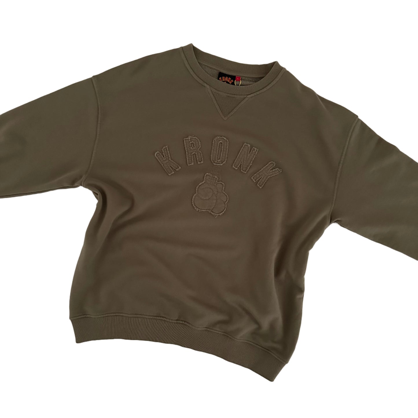 KRONK One Colour Gloves Raw Edge Applique Vintage Wash Sweatshirt Khaki