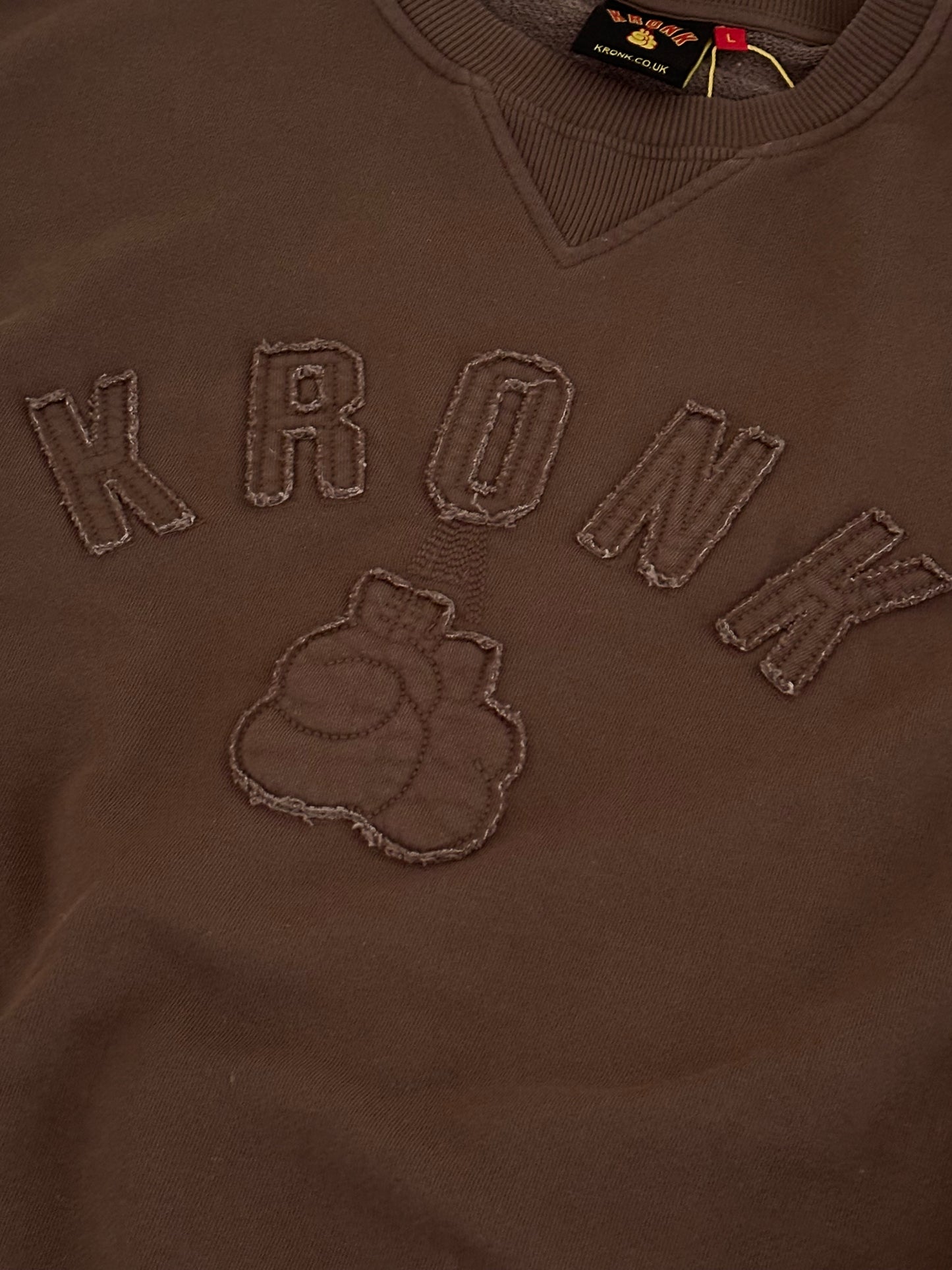KRONK One Colour Gloves Raw Edge Applique Vintage Wash Sweatshirt Dark Brown