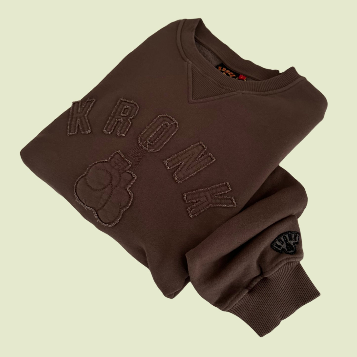 KRONK One Colour Gloves Raw Edge Applique Vintage Wash Sweatshirt Dark Brown