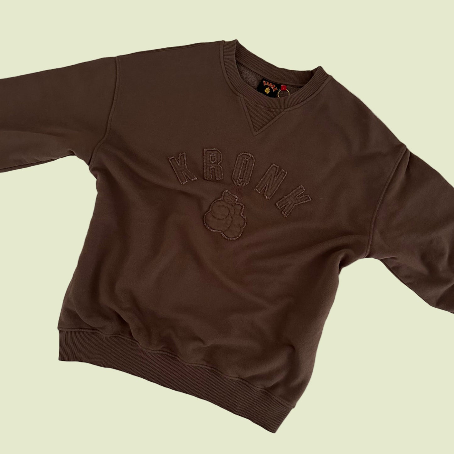 KRONK One Colour Gloves Raw Edge Applique Vintage Wash Sweatshirt Dark Brown
