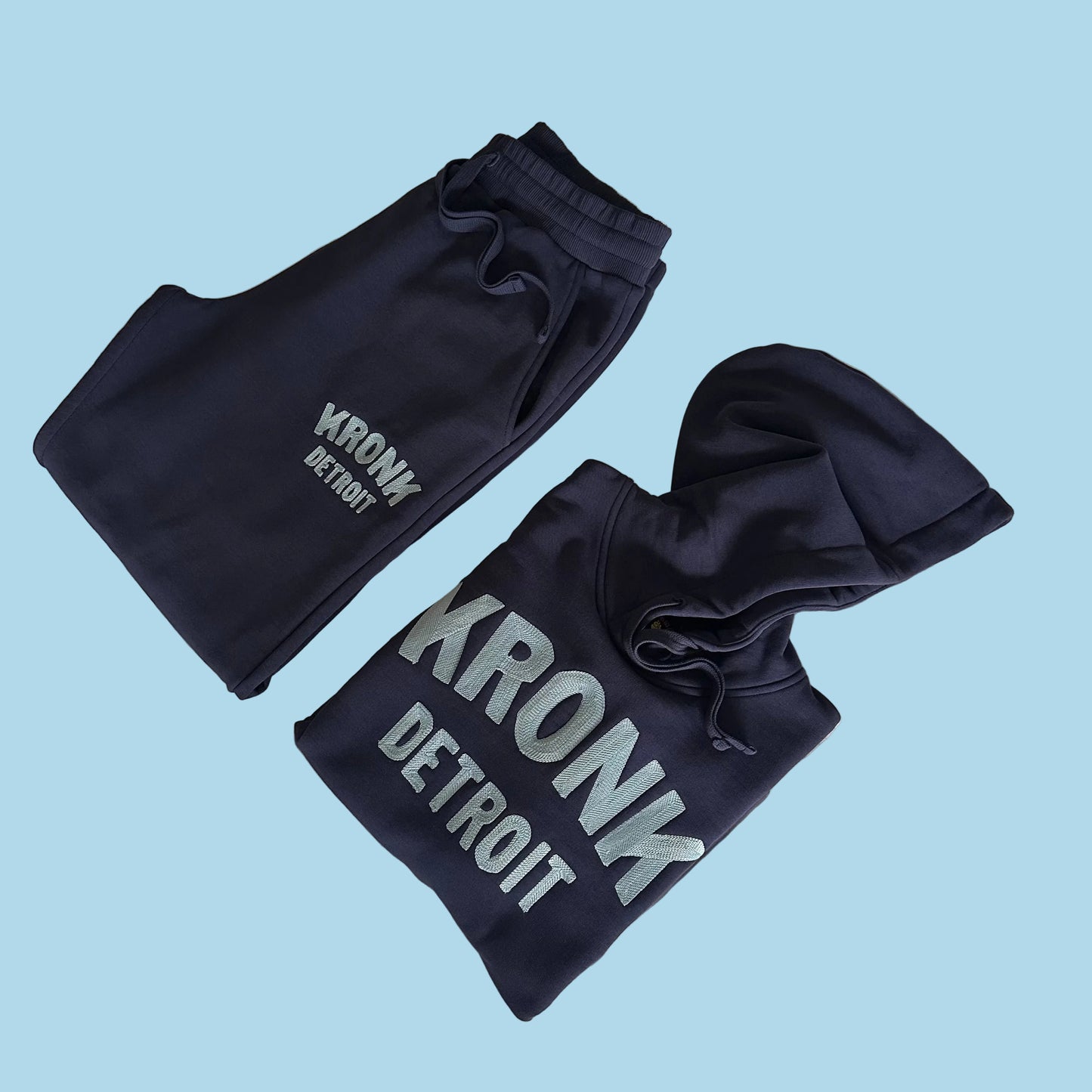 KRONK Detroit Chain Stitch Loose Fit Hoodie Navy/Sky