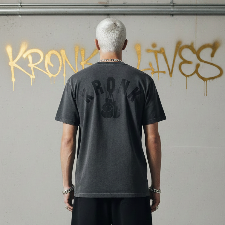 KRONK Faded G Loose Fit Vintage Wash T Shirt Charcoal