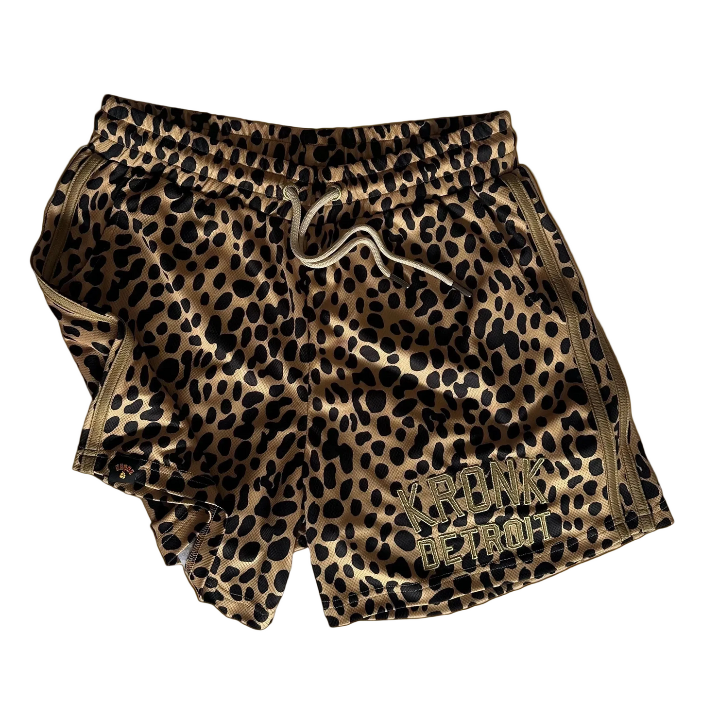 KRONK Iconic Detroit Applique Lined Gym Shorts Leopard Print Gold