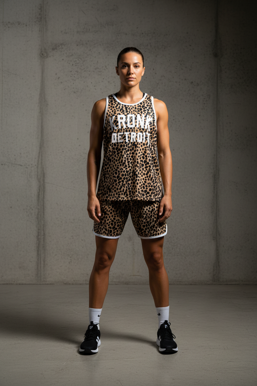 KRONKWOMEN Iconic Detroit Applique Training Gym Vest Leopard Print White
