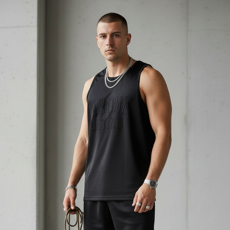 KRONK Iconic Detroit Applique Training Gym Vest Black Stealth