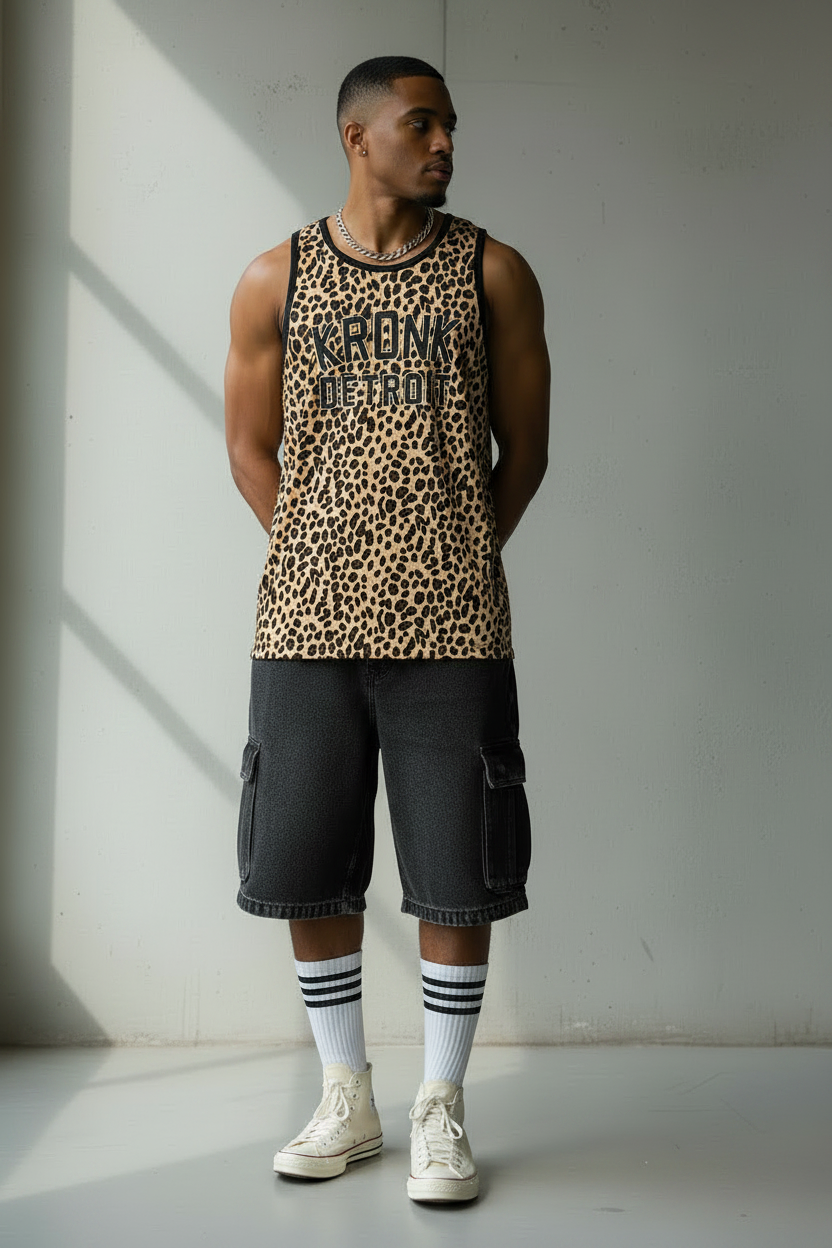 KRONK Iconic Detroit Applique Training Gym Vest Leopard Print Black