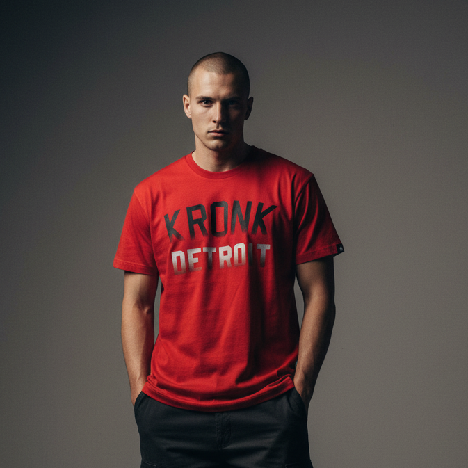 KRONK Faded Iconic Detroit Loose Fit Vintage Wash T Shirt Red