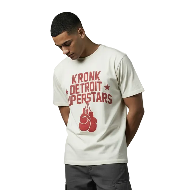 KRONK Detroit Superstars Loose Fit Vintage Wash T Shirt Cream