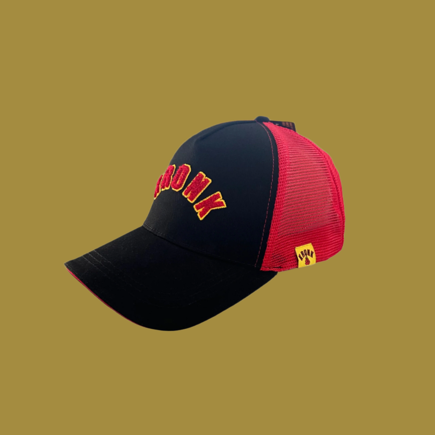 KRONK WAR Trucker Cap: Black with Red Mesh and Red & Yellow Towelling Embroidery