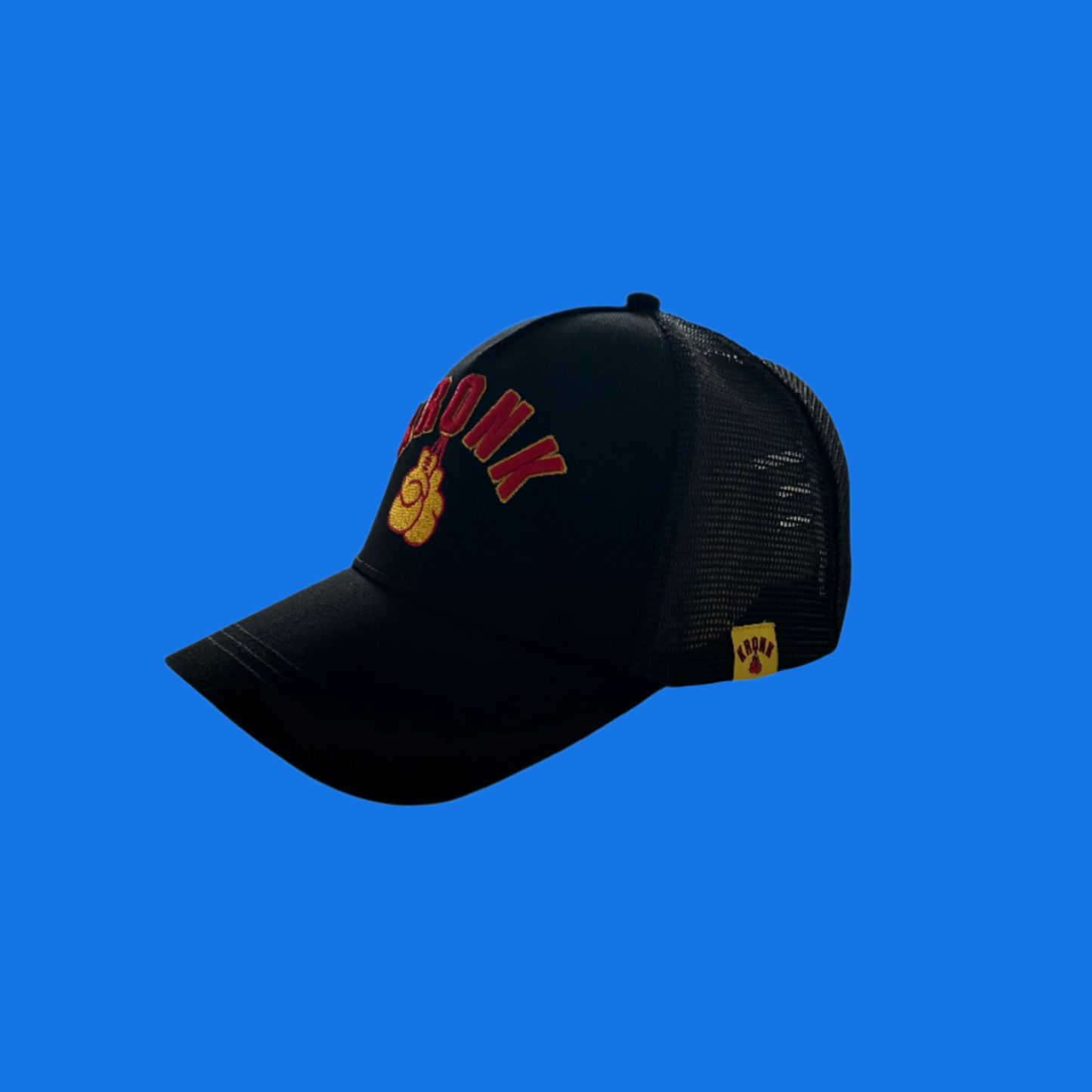KRONK Gloves Trucker Cap: Black with 3D Red & Yellow Embroidery