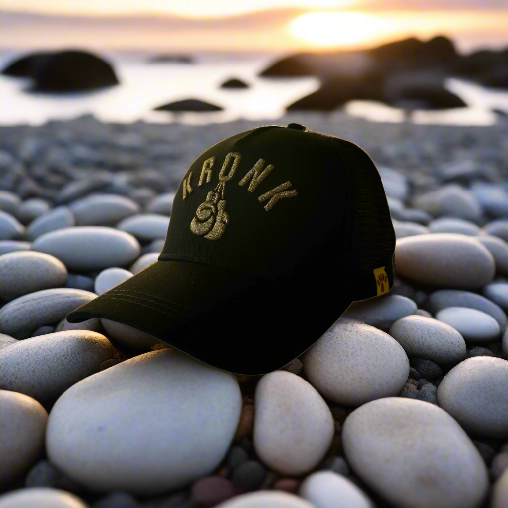 KRONK Olympic Trucker Cap: Black with 3D Gold Embroidery