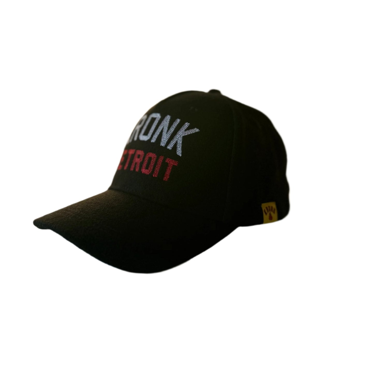 KRONK Iconic Detroit Felt Cap: Black with White & Red Chain Stitch Embroidery