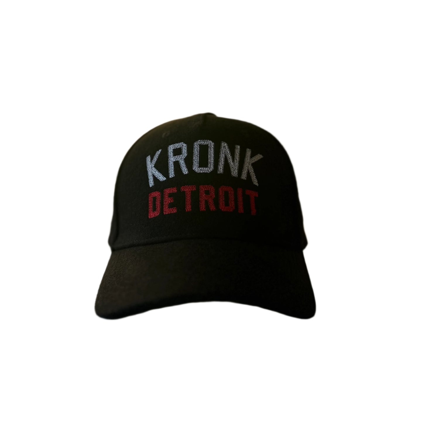 KRONK Iconic Detroit Felt Cap: Black with White & Red Chain Stitch Embroidery