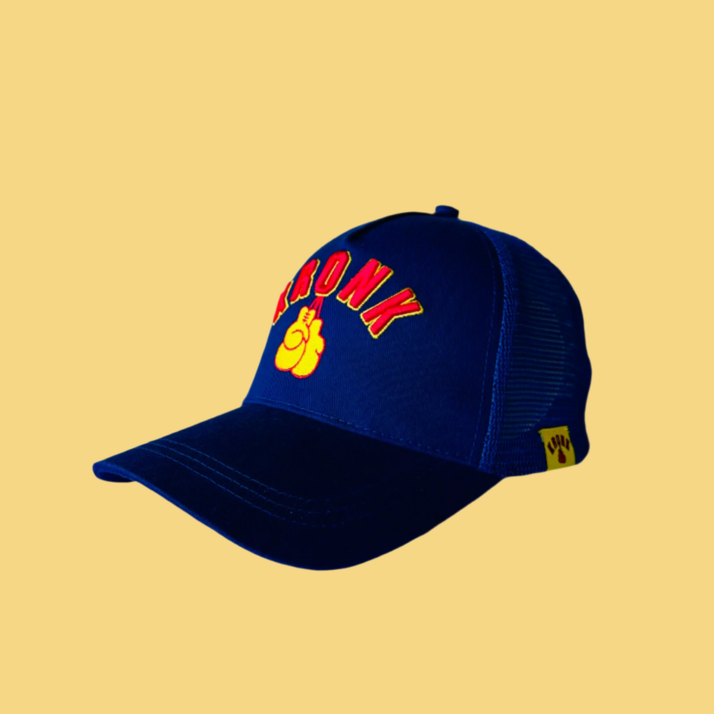 KRONK Gloves Trucker Cap: Navy with 3D Red & Yellow Embroidery