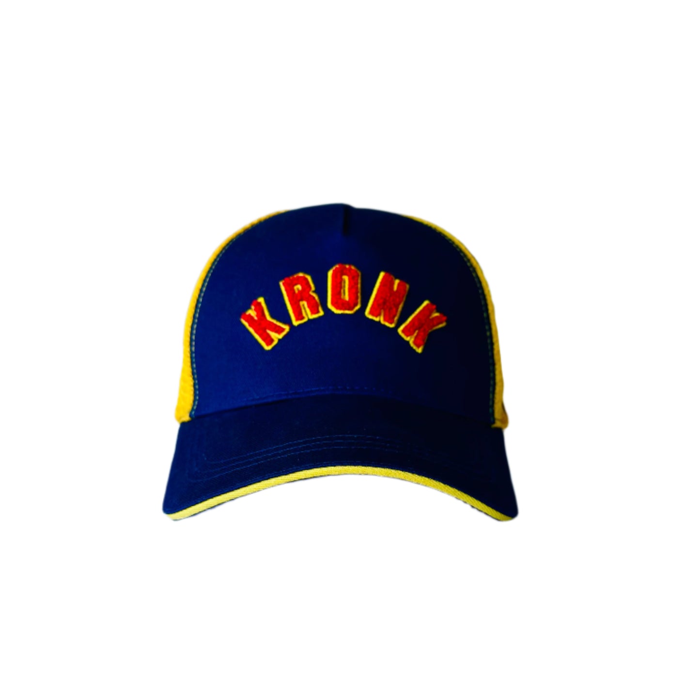 KRONK WAR Trucker Cap: Navy with Yellow Mesh and Red & Yellow Towelling Embroidery