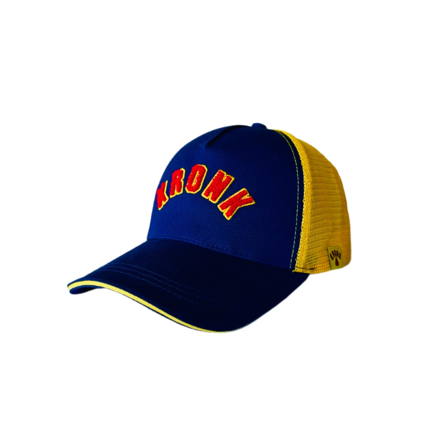 KRONK WAR Trucker Cap: Navy with Yellow Mesh and Red & Yellow Towelling Embroidery