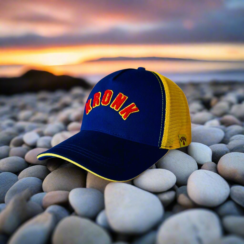 KRONK WAR Trucker Cap: Navy with Yellow Mesh and Red & Yellow Towelling Embroidery