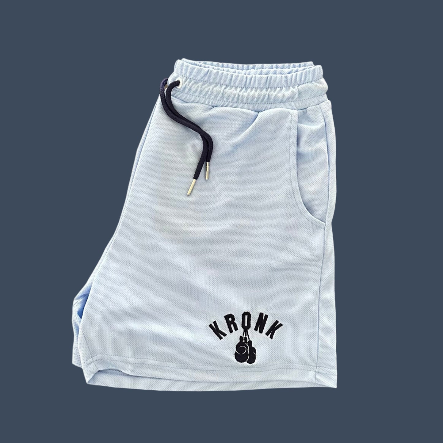 KRONK One Colour Gloves Applique Lined Gym Shorts Sky and Navy