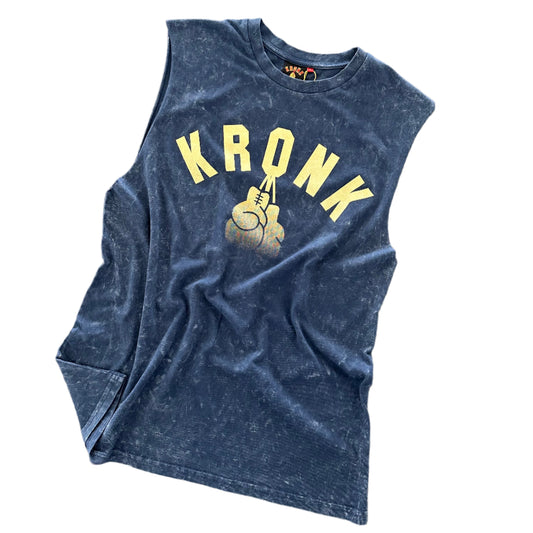 KRONK Faded G Raw Edge Sleeveless Loose Fit Authentic Wash T Shirt Navy