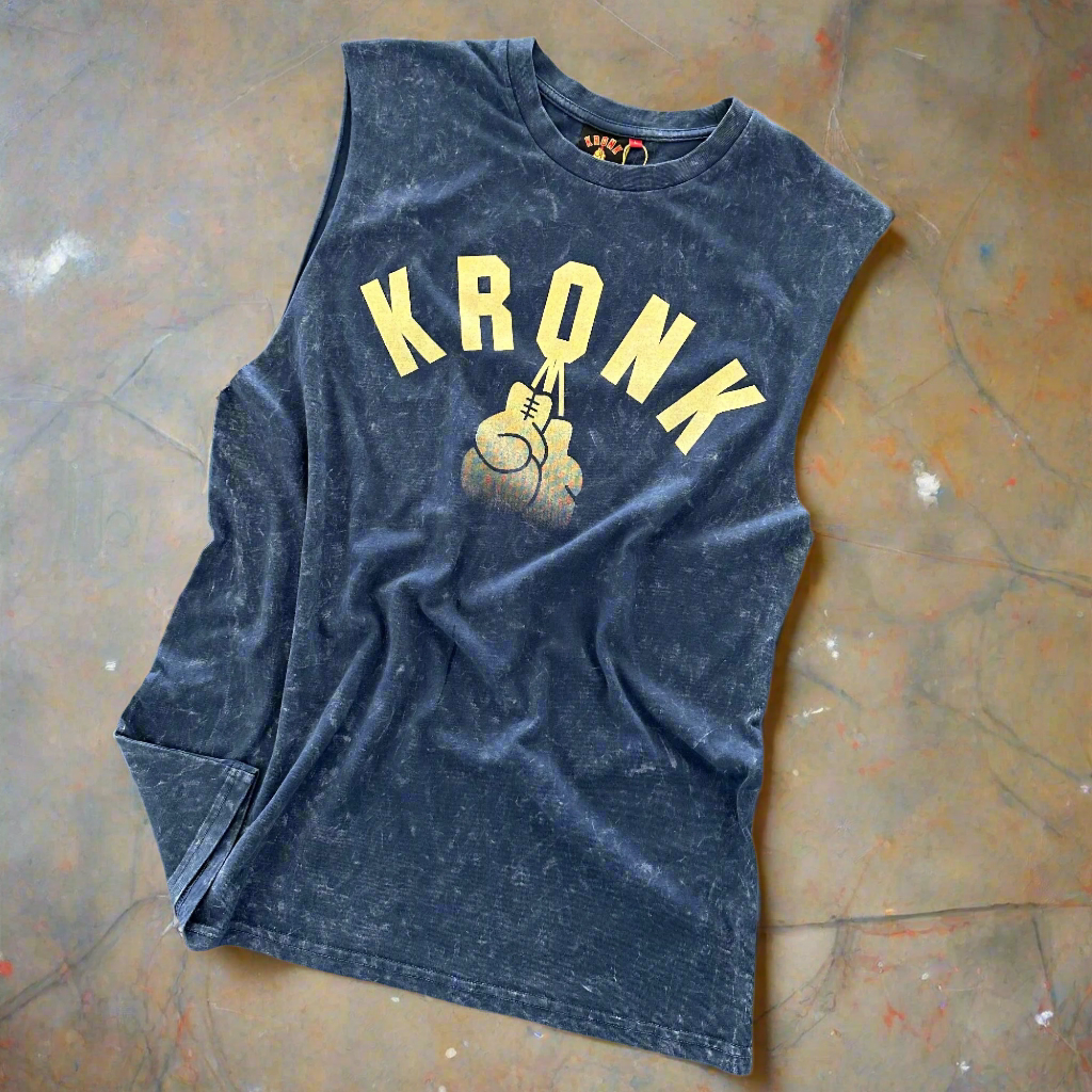 KRONK Faded G Raw Edge Sleeveless Loose Fit Authentic Wash T Shirt Navy