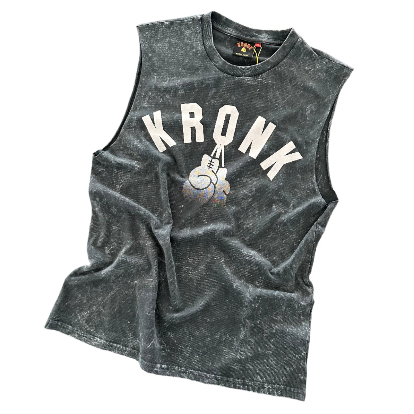 KRONK Faded G Raw Edge Sleeveless Loose Fit Authentic Wash T Shirt Charcoal
