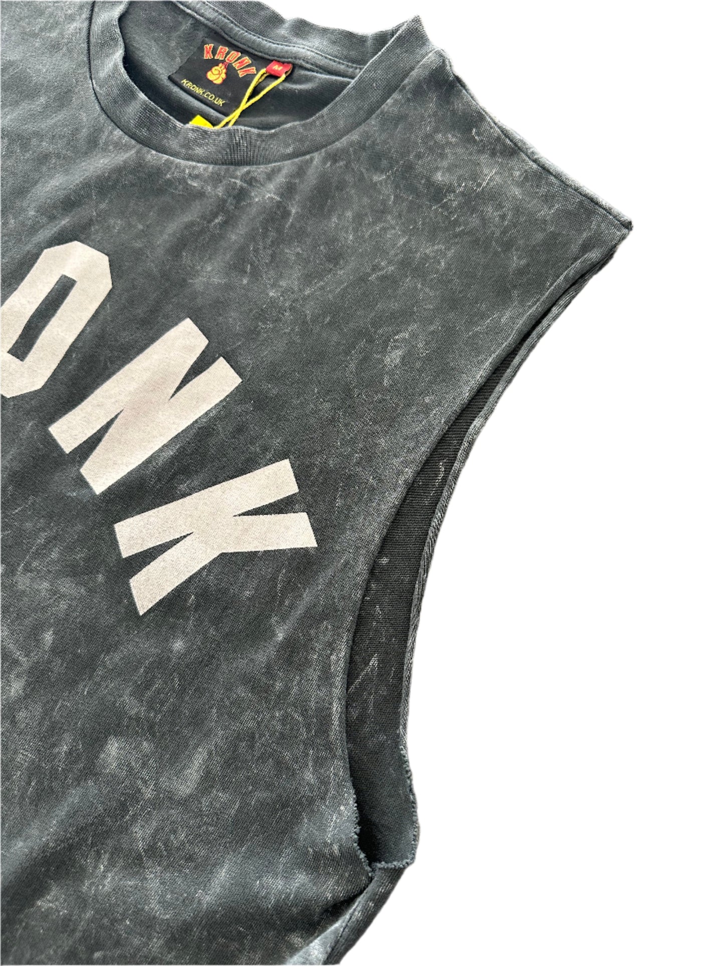 KRONK Faded G Raw Edge Sleeveless Loose Fit Authentic Wash T Shirt Charcoal