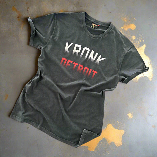 KRONK Faded Iconic Detroit Loose Fit Vintage Wash T Shirt Charcoal with Red & White print