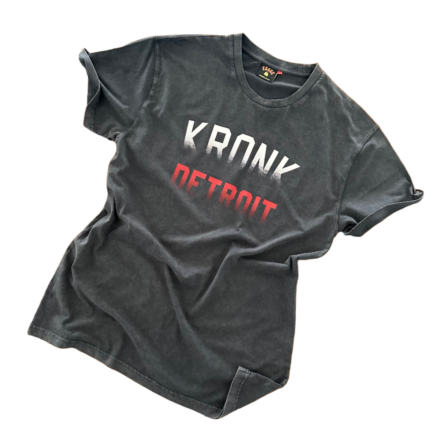 KRONK Faded Iconic Detroit Loose Fit Vintage Wash T Shirt Charcoal with Red & White print
