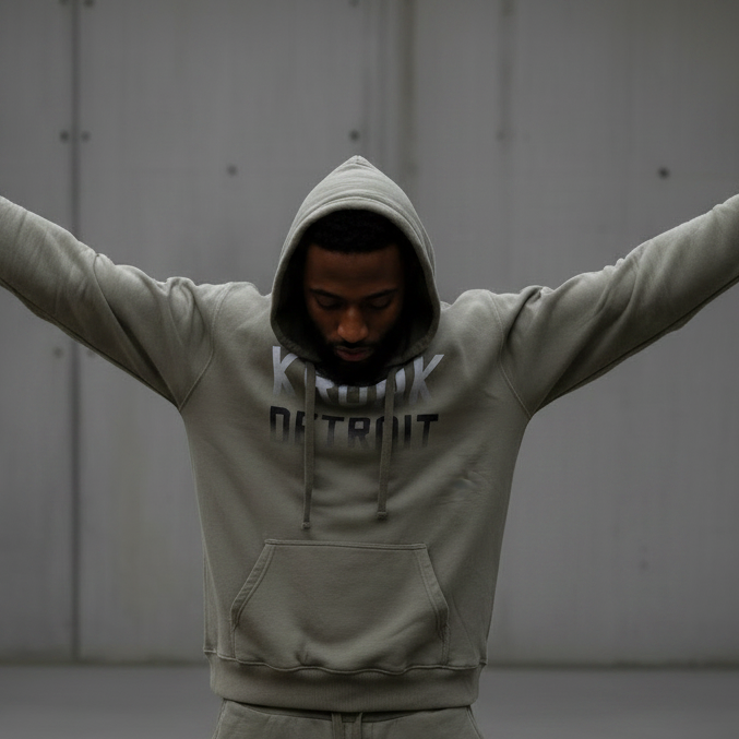 KRONK Faded Iconic Detroit Vintage Wash Hoodie Loose Fit Khaki