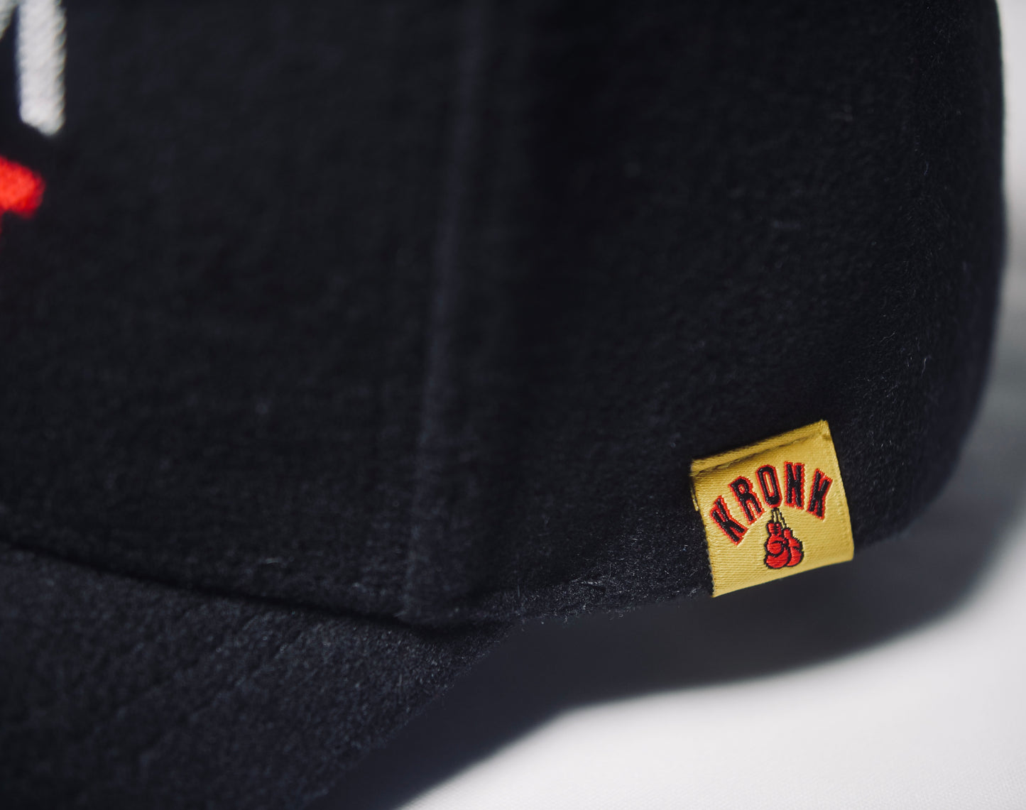 KRONK Iconic Detroit Felt Cap: Black with White & Red Chain Stitch Embroidery