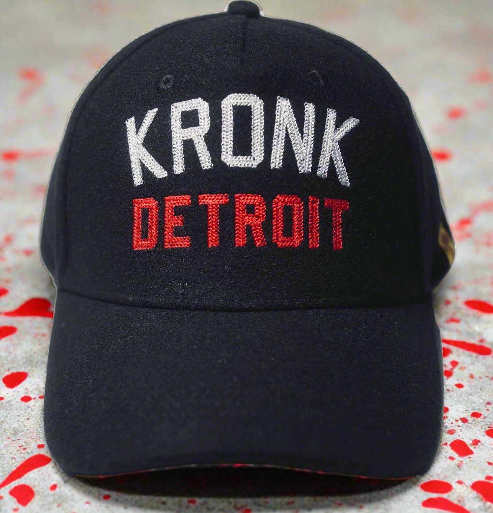 KRONK Iconic Detroit Felt Cap: Black with White & Red Chain Stitch Embroidery