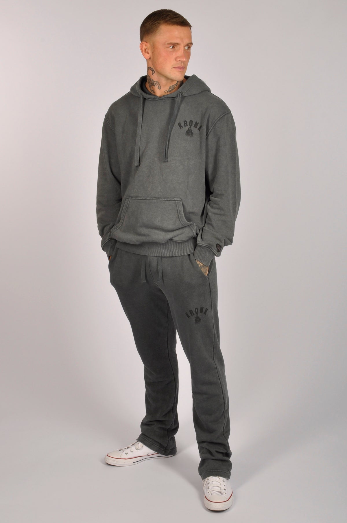 KRONK Faded Gloves Vintage Wash Hoodie Loose Fit Charcoal