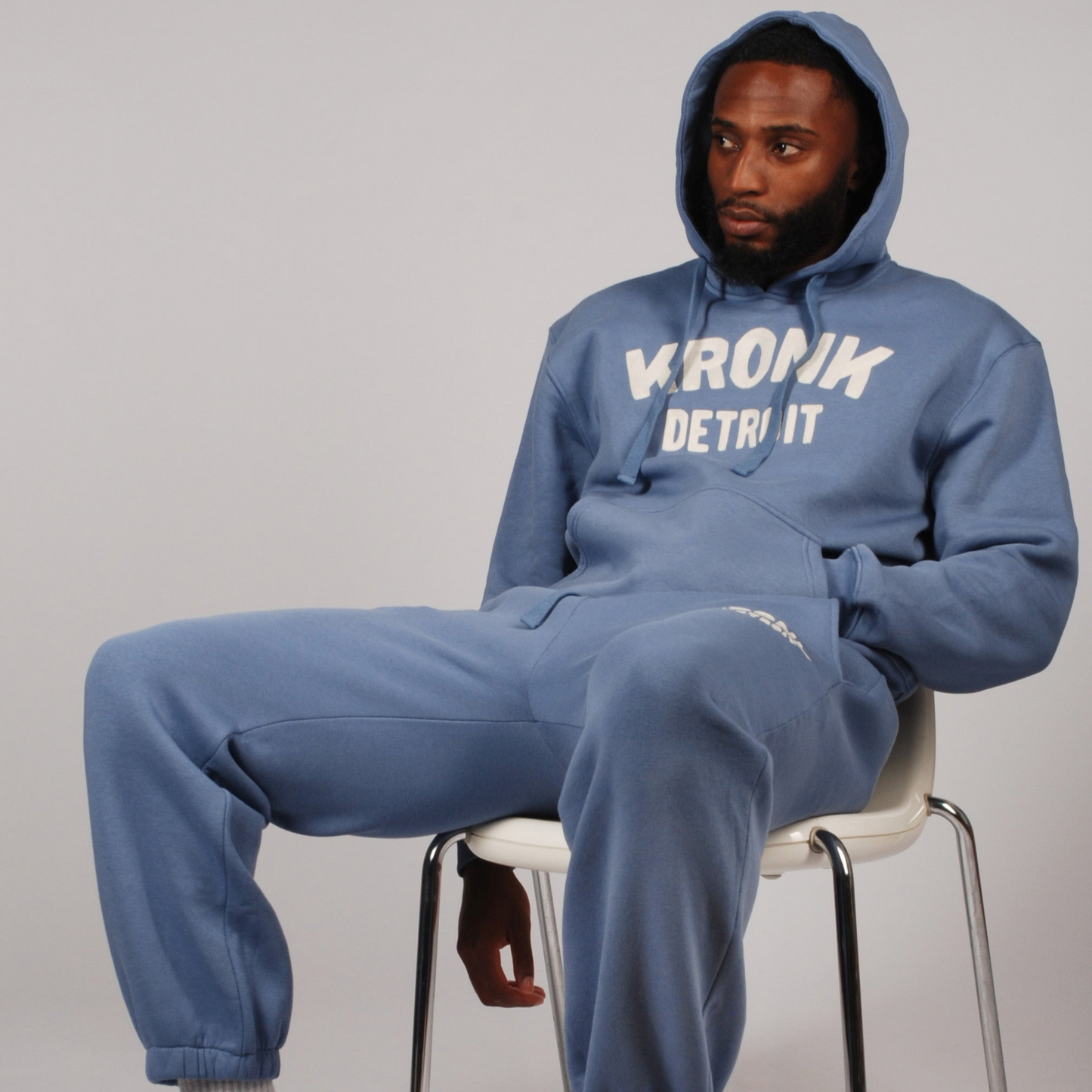 KRONK Detroit Chain Stitch Loose Fit Hoodie Steel Blue