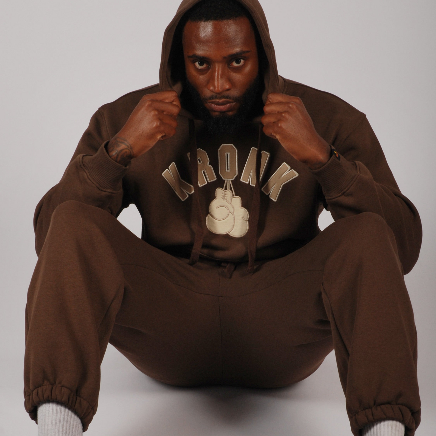 KRONK Gloves Applique Hoodie Loose Fit Dark Brown