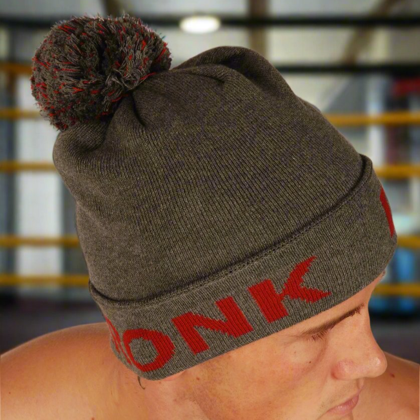KRONK Detroit Bobble Hat Charcoal with Dark Red knitted logo