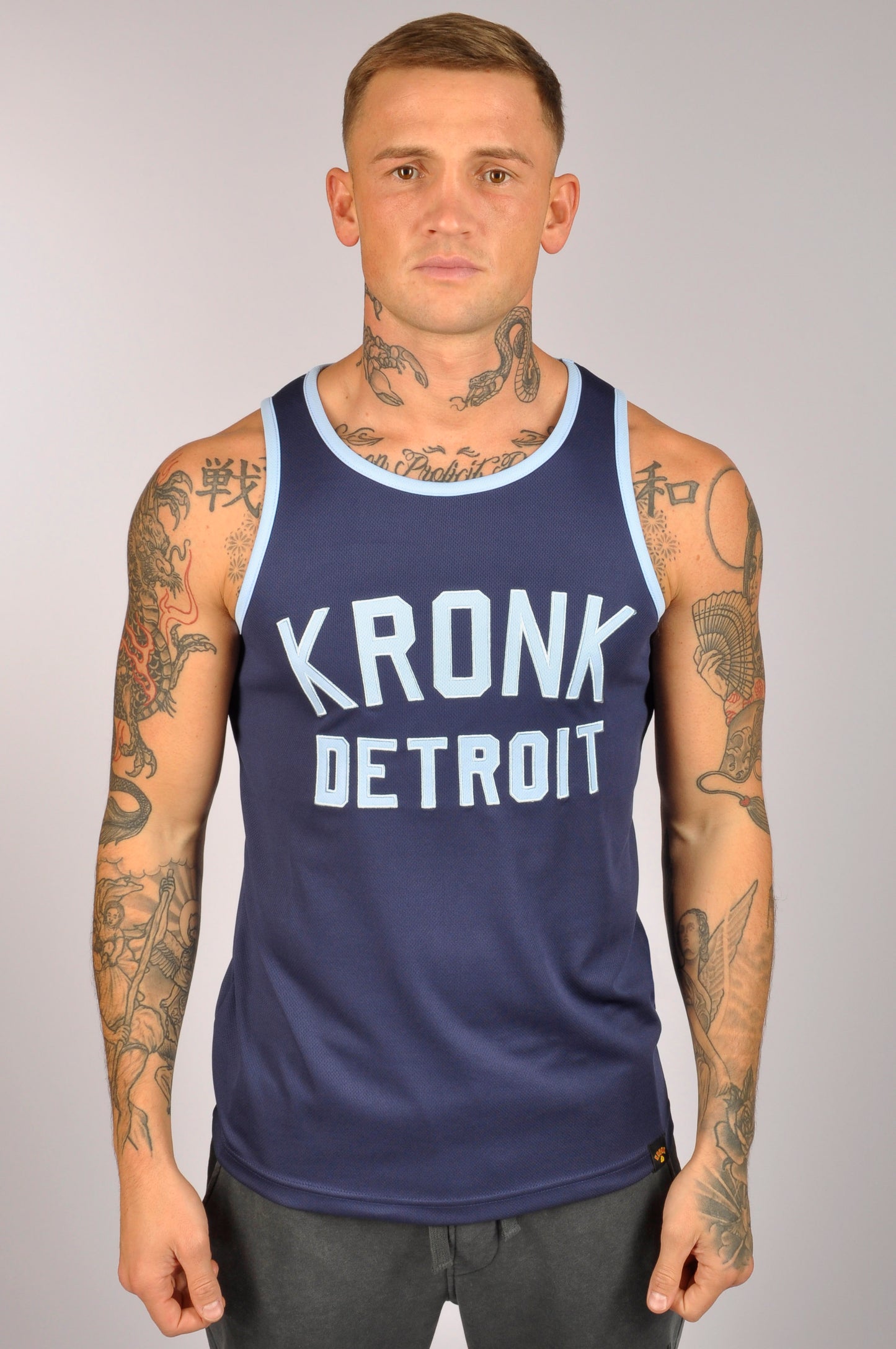 KRONK Iconic Detroit Applique Training Gym Vest Navy & Sky Blue