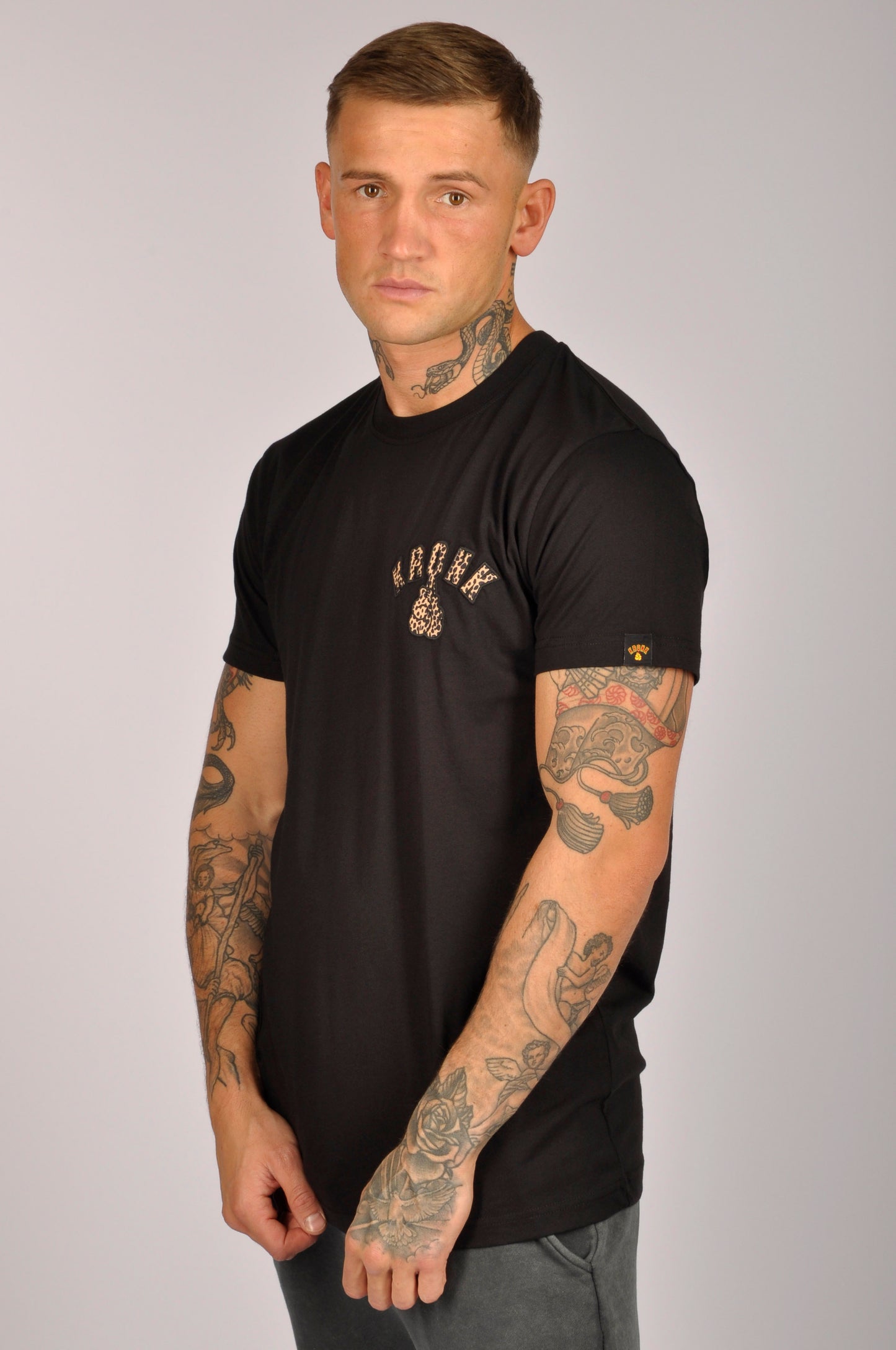 KRONK Leopard Gloves Slim Fit Cotton T Shirt Black