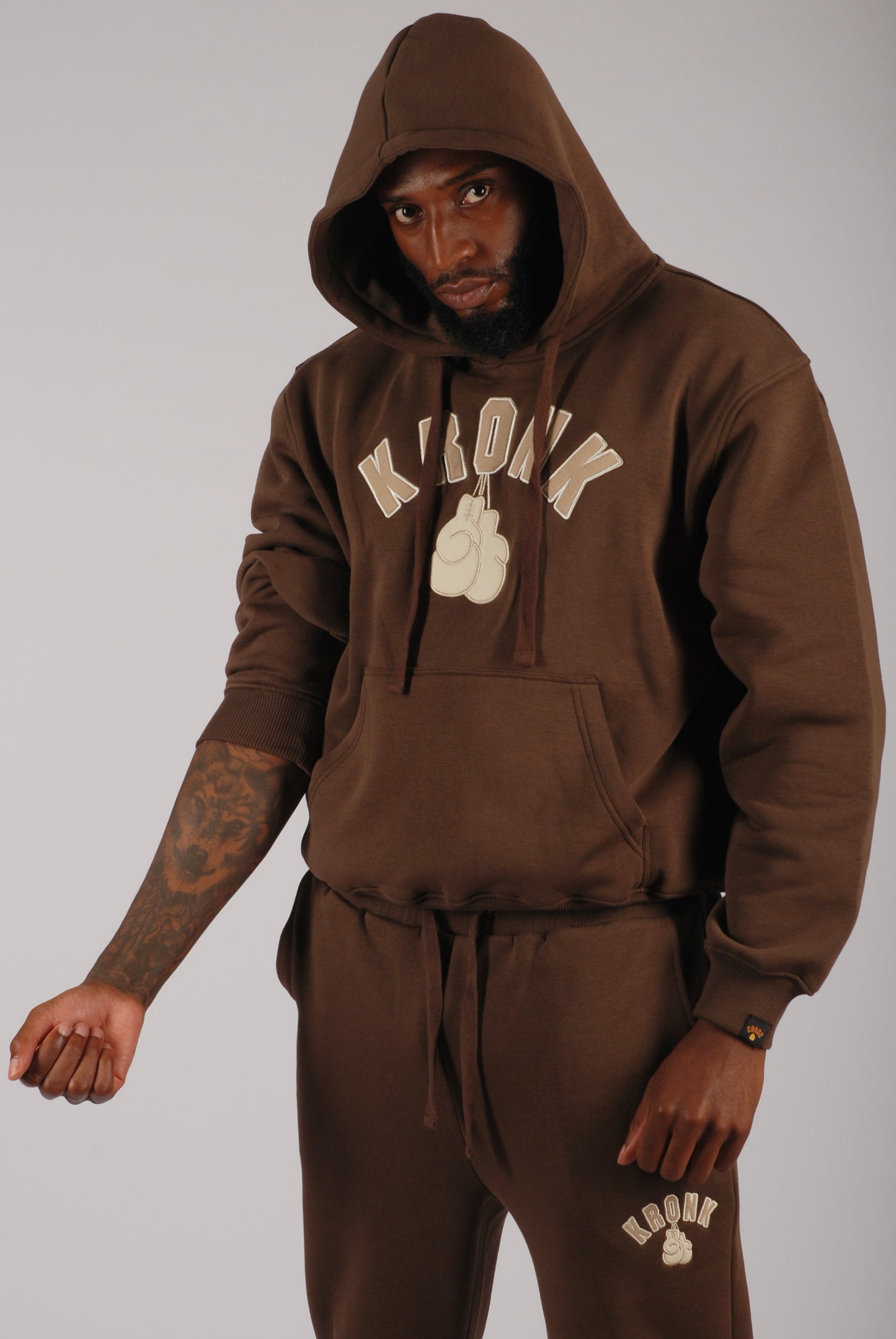 KRONK Gloves Applique Hoodie Loose Fit Dark Brown