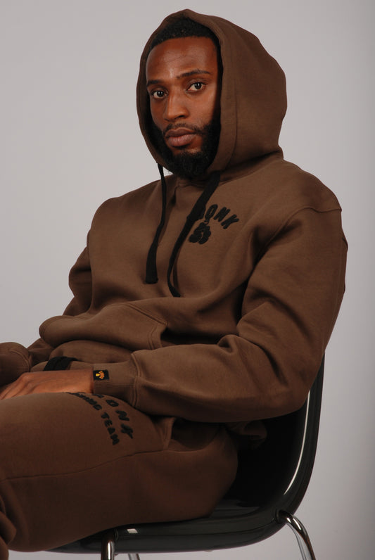 KRONK Boxing Team Towelling Applique Hoodie Loose Fit Dark Brown
