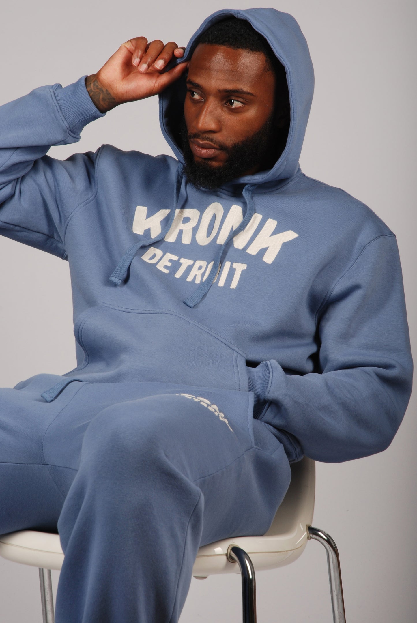 KRONK Detroit Chain Stitch Loose Fit Hoodie Steel Blue
