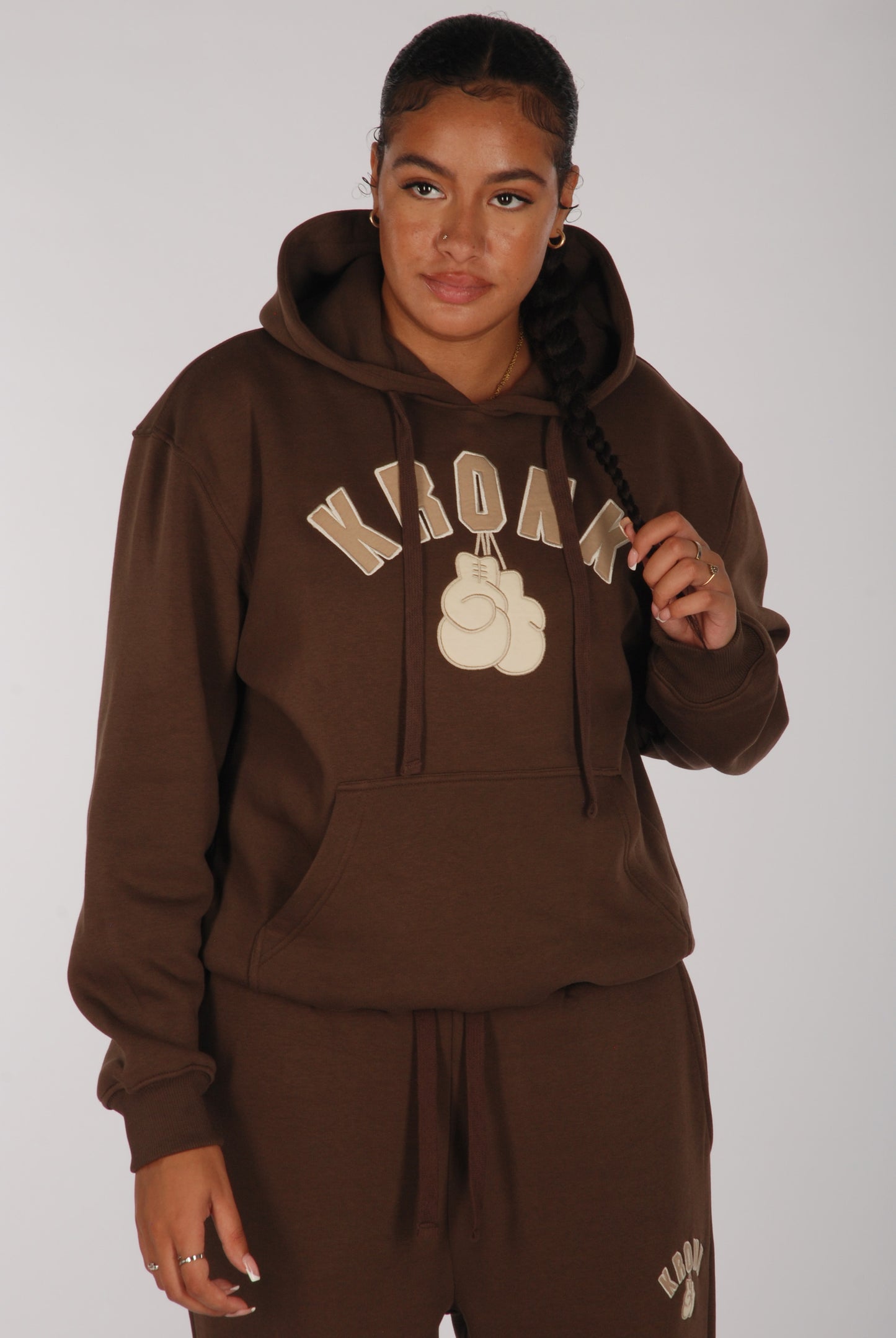 KRONKWOMEN Gloves Applique Hoodie Loose Fit Dark Brown