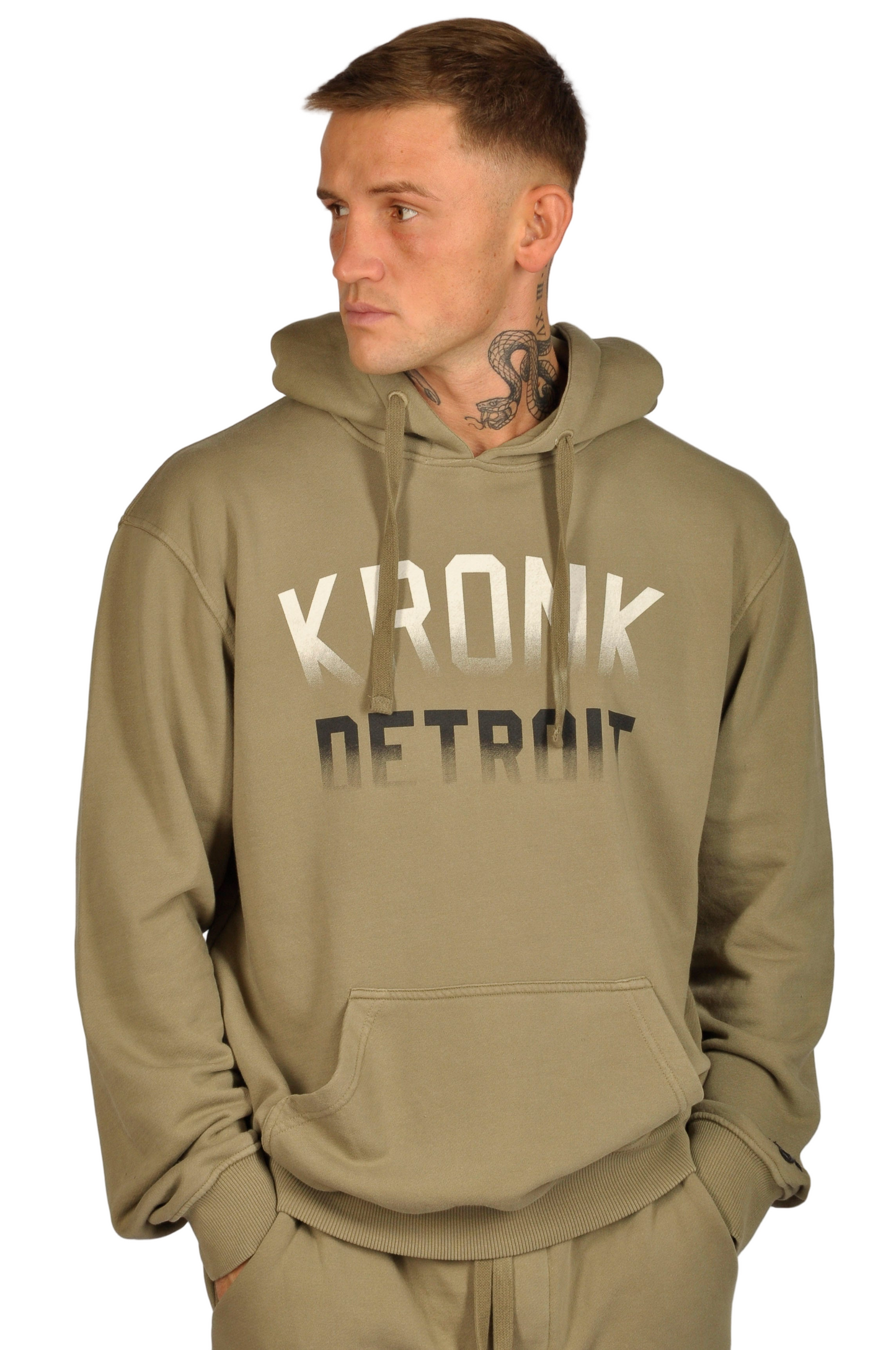 KRONK Faded Iconic Detroit Vintage Wash Hoodie Loose Fit Khaki