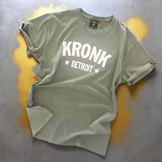 KRONK Detroit Stars Loose Fit Vintage Wash T Shirt Khaki and White