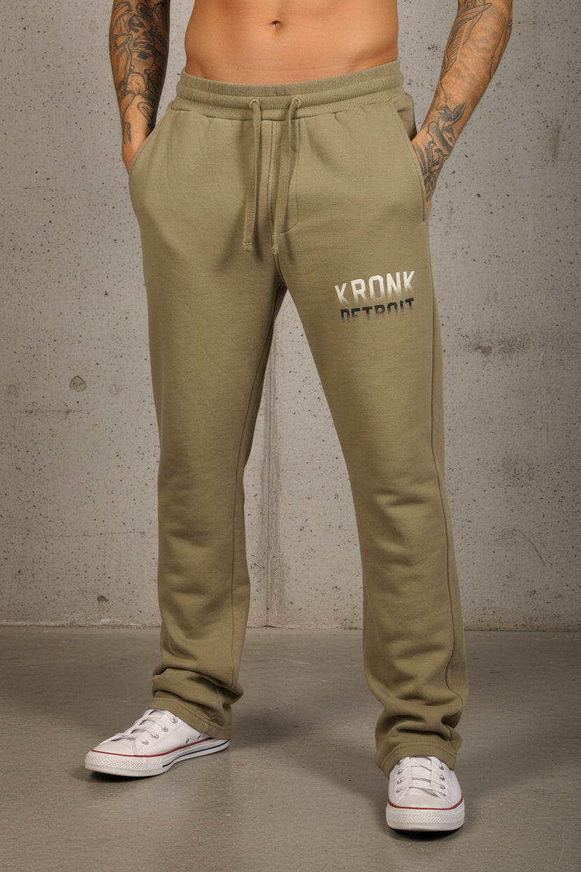 KRONK Faded Iconic Detroit Vintage wash Straight Leg Joggers Loose Fit Khaki